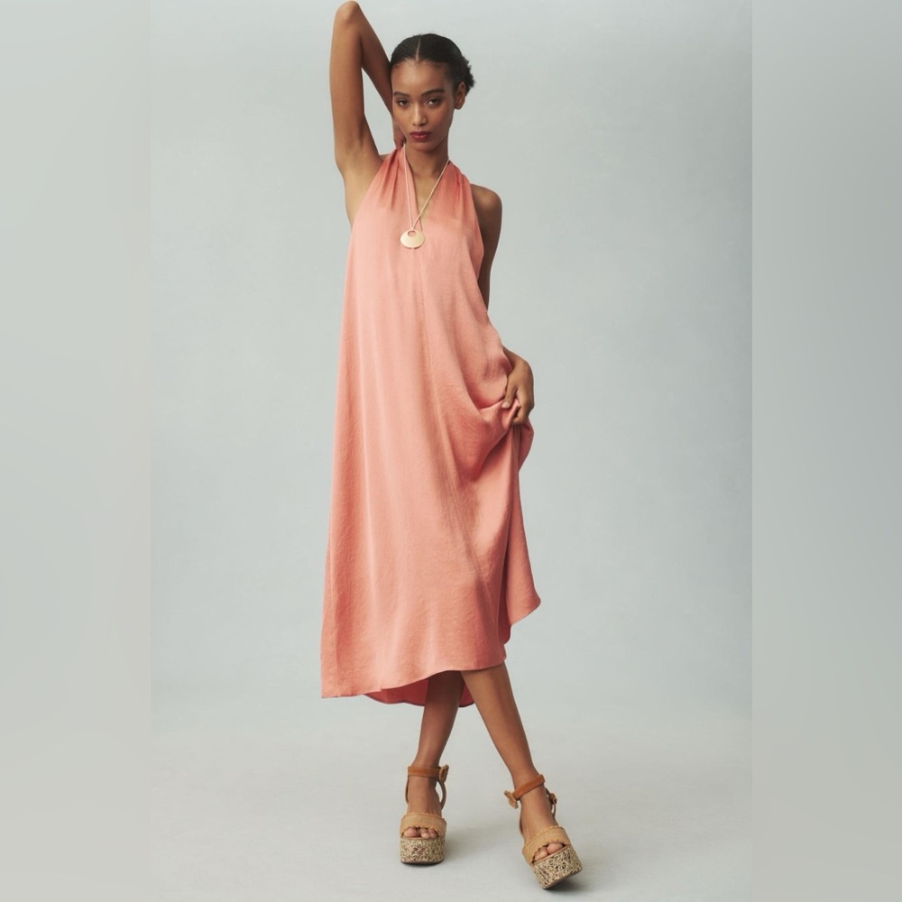 Anthropologie Peach Silky Halter Midi Dress Open Back M RTR